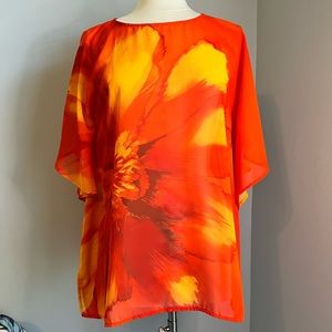 Susan Graver XXS Orange Floral Printed Sheer Chiffon Scarf Top